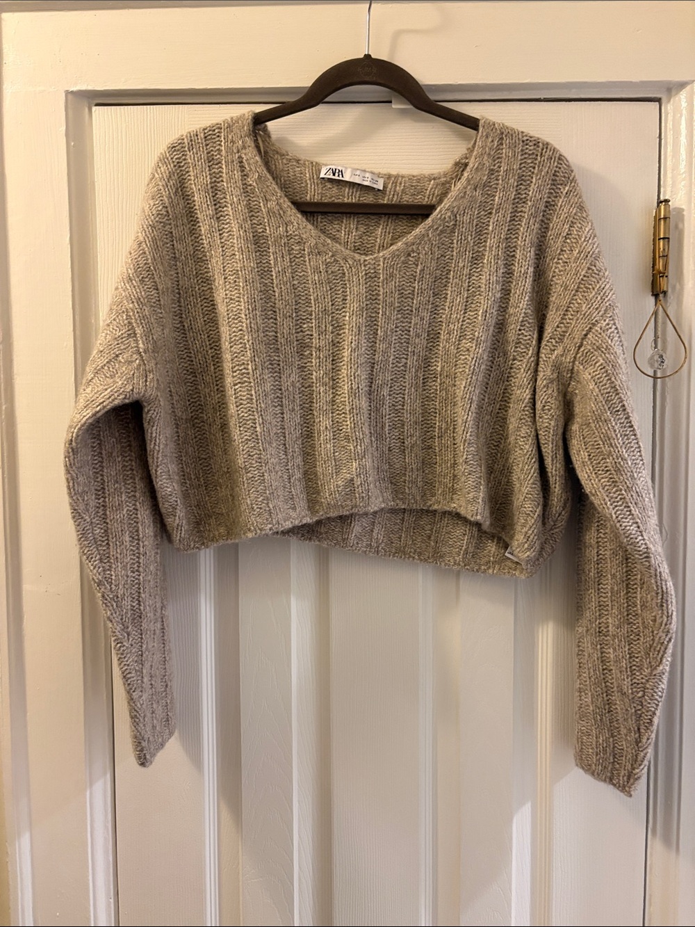 Zara Taupe Ribbed V-Neck Cropped Sweater